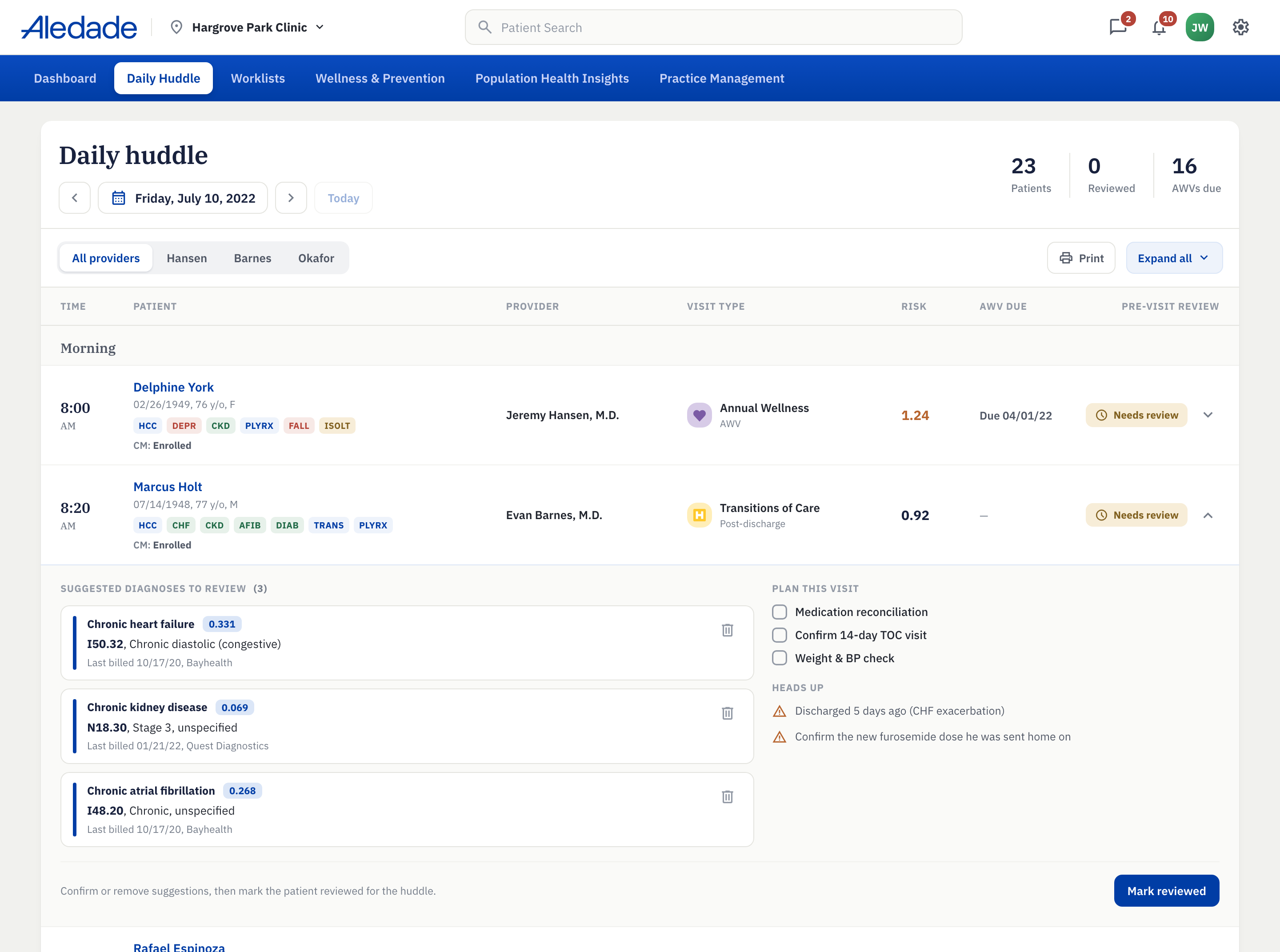 Daily huddle: each patient the practice is seeing today, expanded to show suggested diagnoses to review, the plan for the visit, and heads-up notes