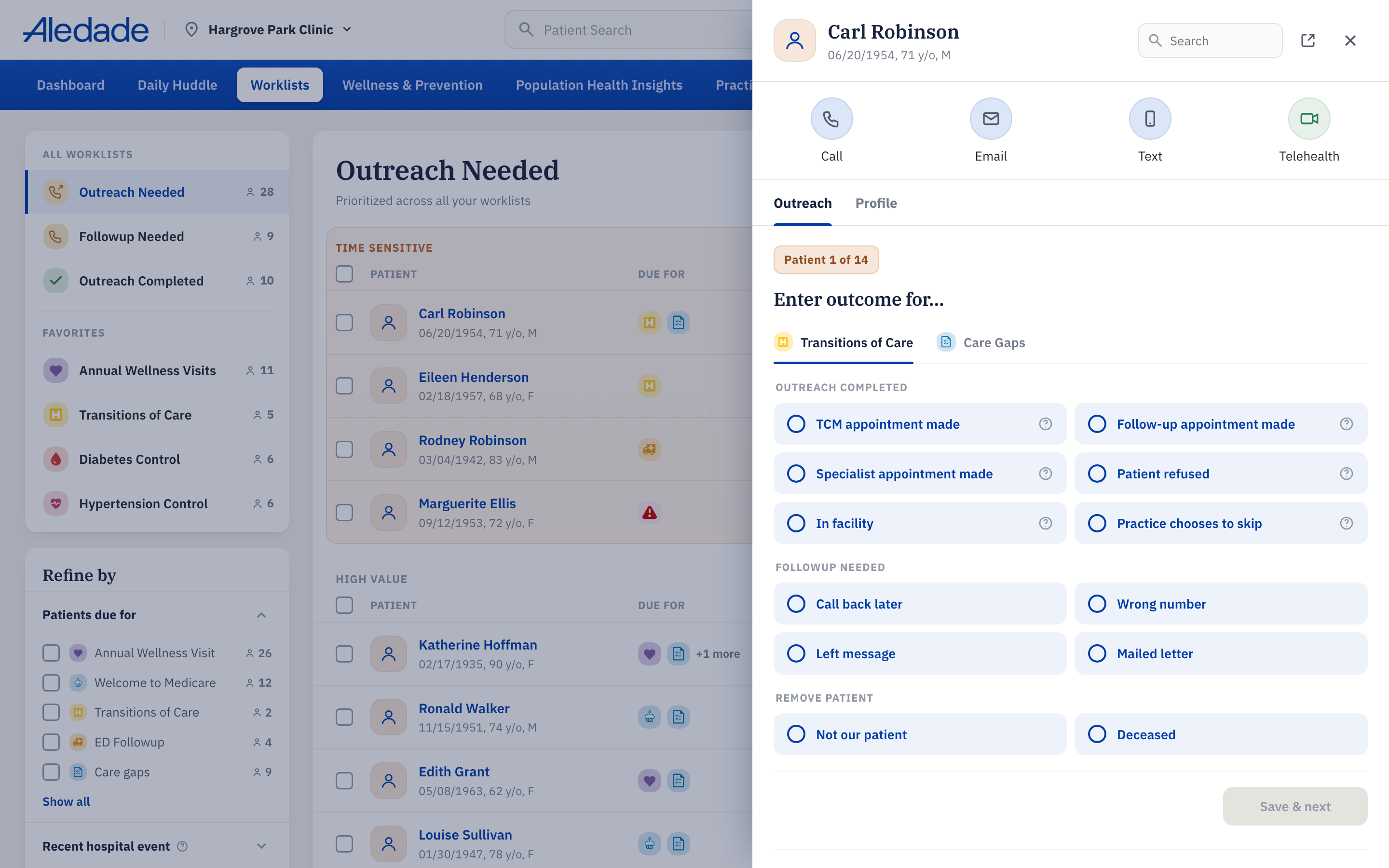 Aledade worklist with the patient outreach drawer expanded for patient 1 of 14, showing call, email, text, and telehealth options plus worklist-specific outcome capture