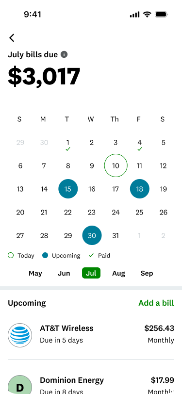 Bill Calendar showing July bills, upcoming due dates, and paid transactions