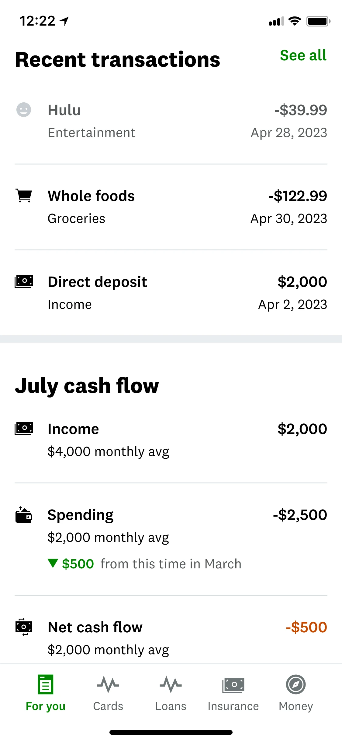 The original For You surface showing recent transactions and a backward-looking monthly Cashflow summary