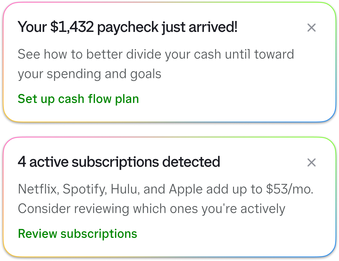 Cashflow insight cards highlighting a recent paycheck and active subscriptions