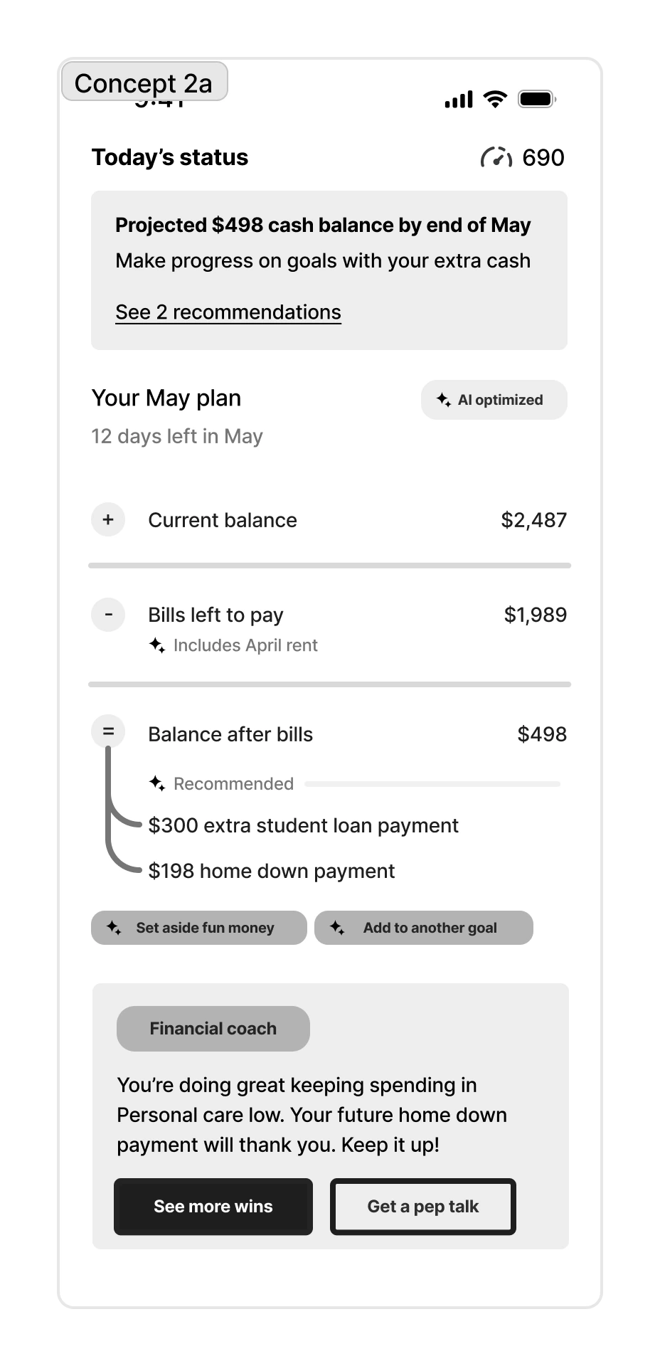 Research concept showing current balance, bills left to pay, and balance after bills