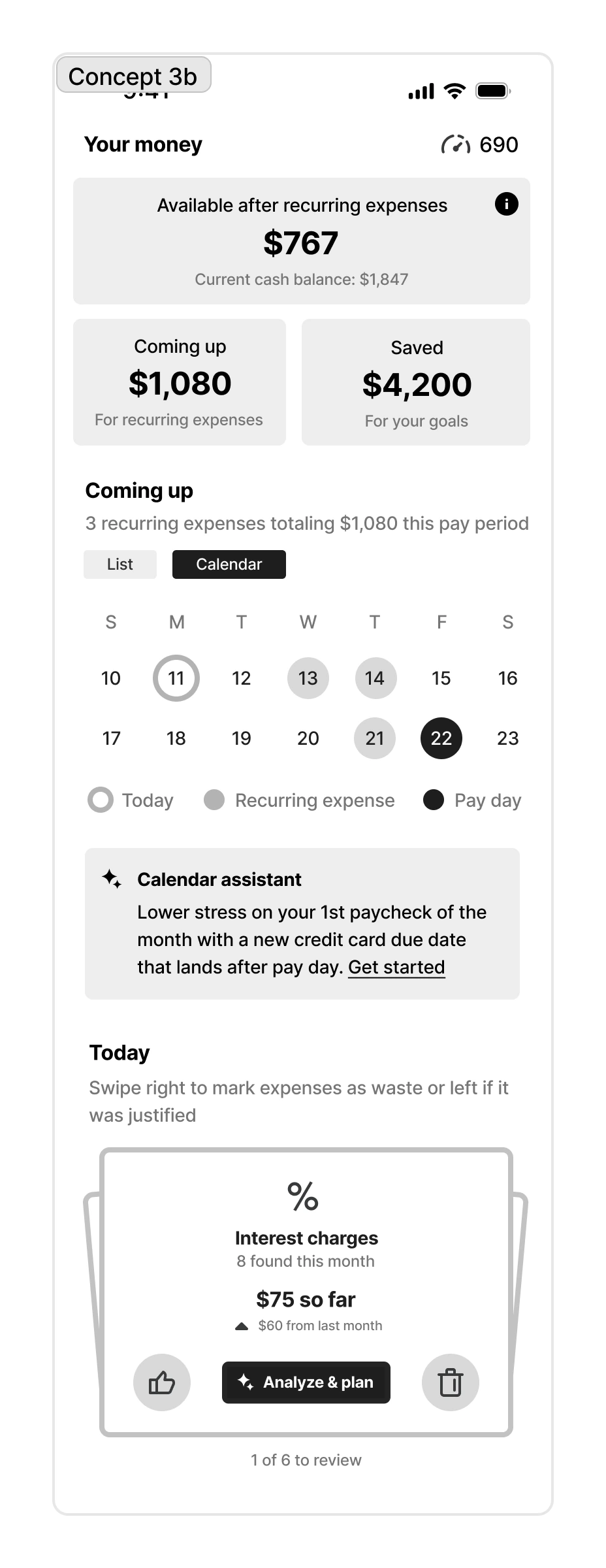 Research concept showing recurring expenses on a calendar and a card-based transaction review