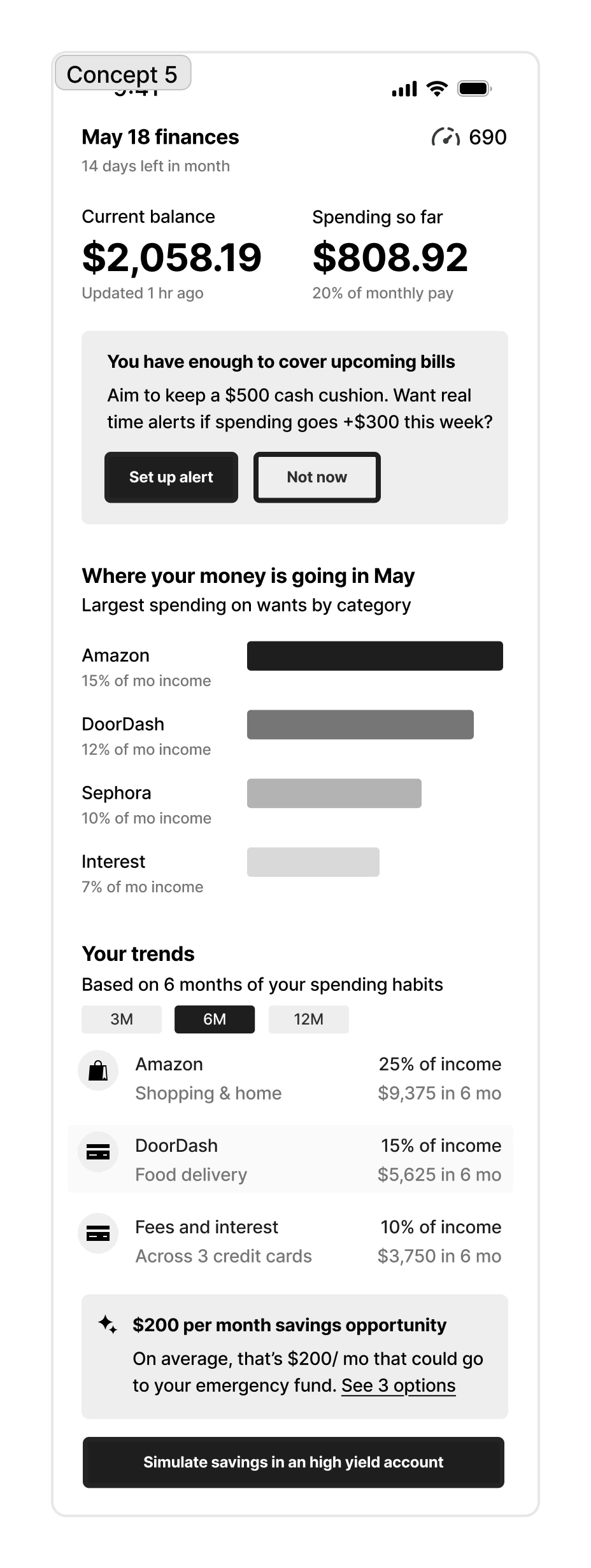 Research concept showing current balance, spending, upcoming bills, and longer-term trends