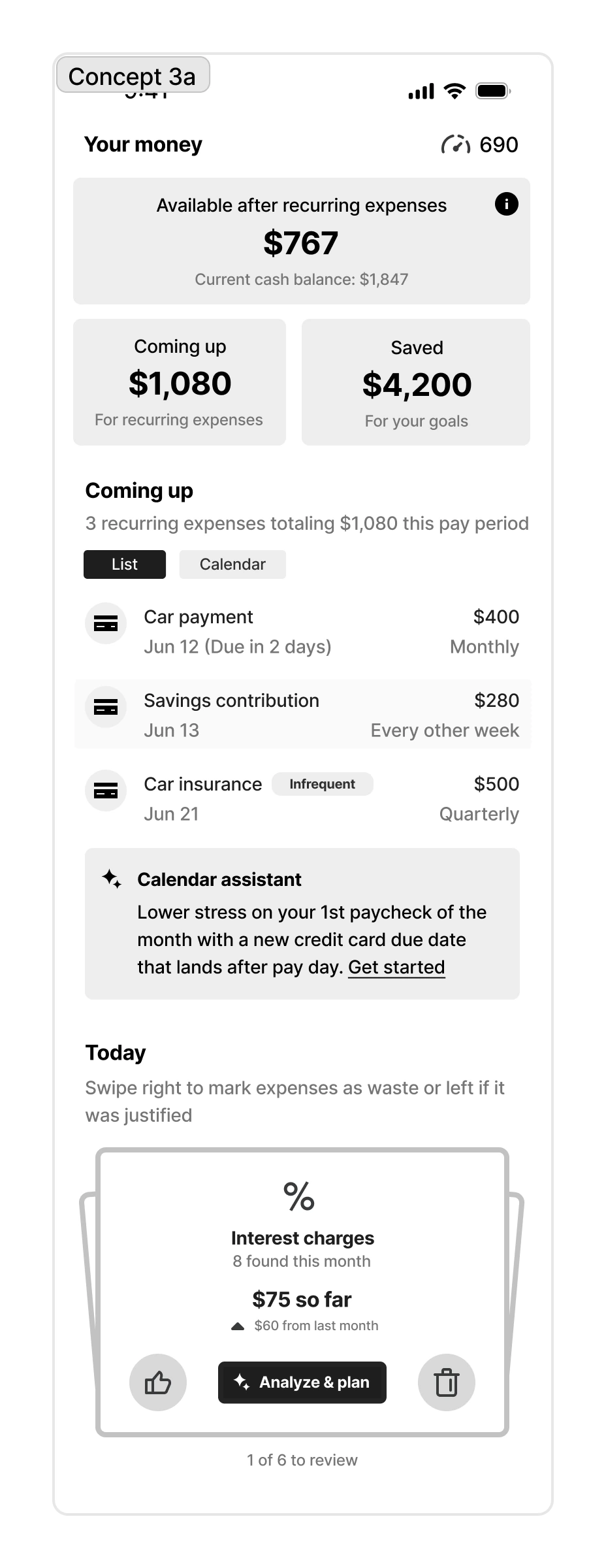 Research concept showing available cash, recurring expenses, and a calendar assistant