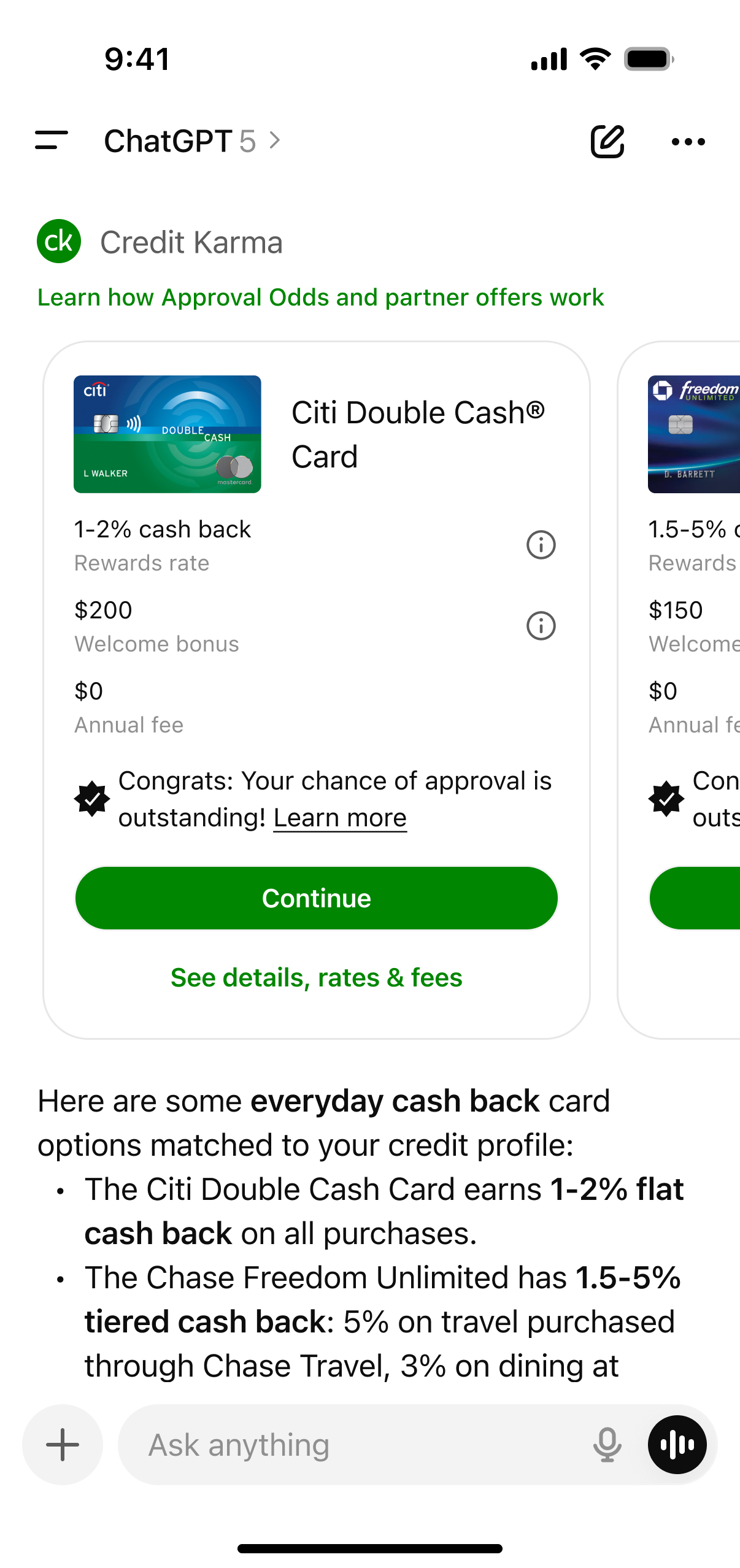 Credit Karma card offers shown as a swipeable carousel of several options inside a ChatGPT mobile conversation, after a multi-turn exchange