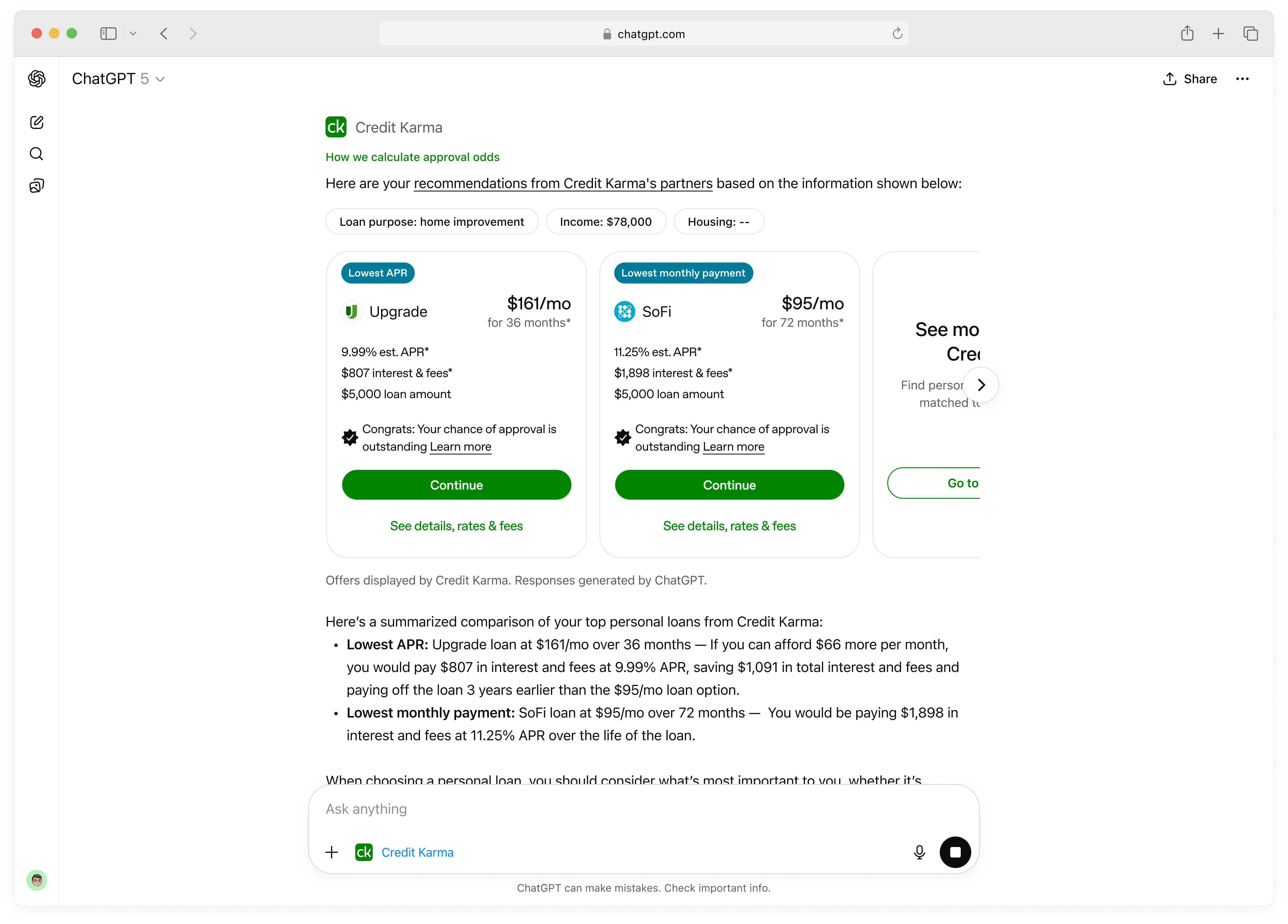 Credit Karma loan offers in ChatGPT on desktop, matched to the user's stated loan purpose and income, with a summarized comparison below