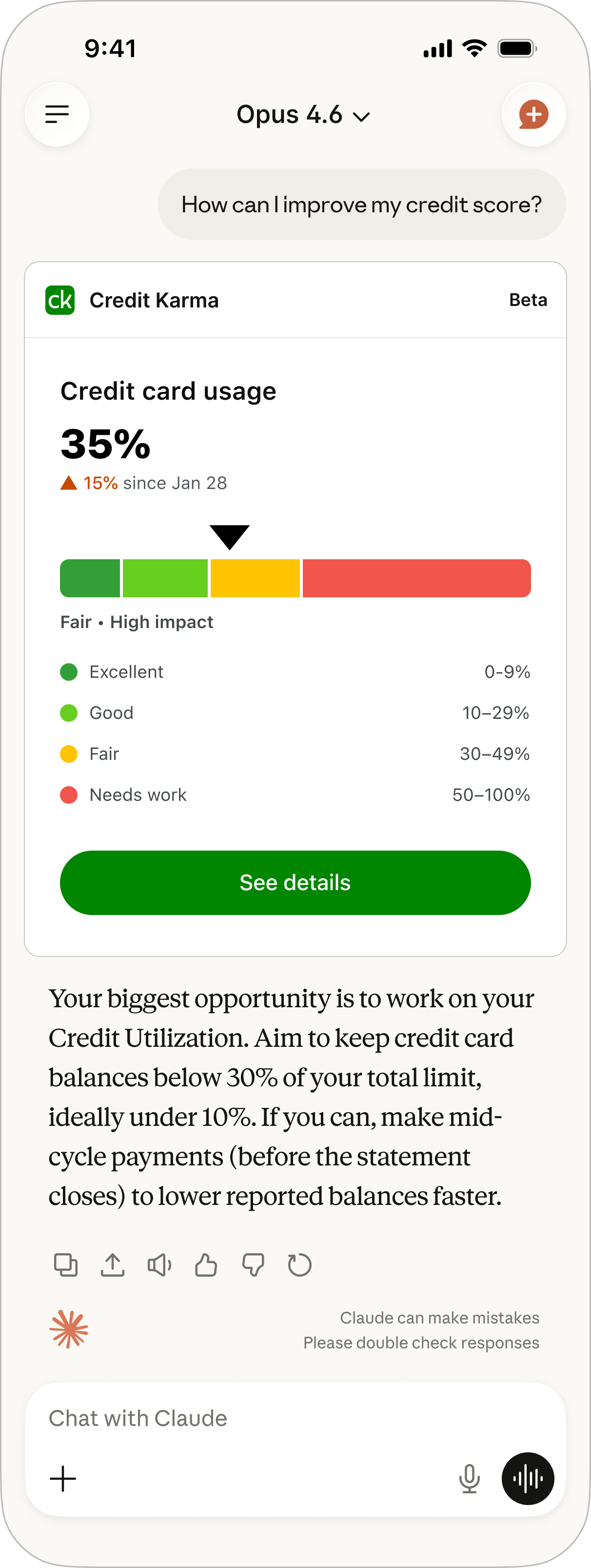 Credit Karma credit card usage and utilization factor in an extended Claude conversation, with a grounded recommendation to improve it