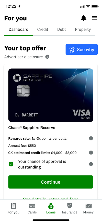 Credit Karma dashboard with a See Why action on the user’s top card offer