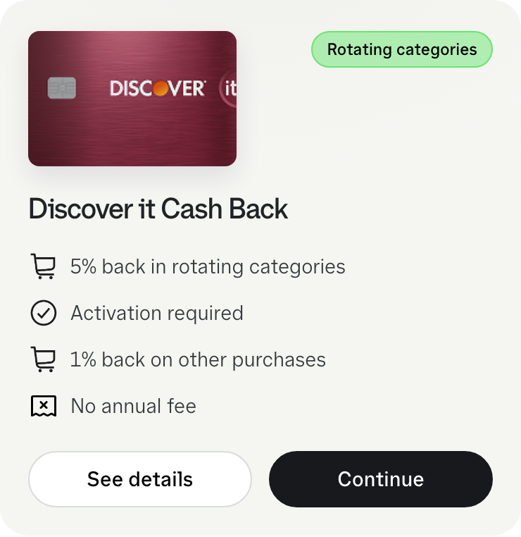 Discover it Cash Back offer tile focused on rotating reward categories