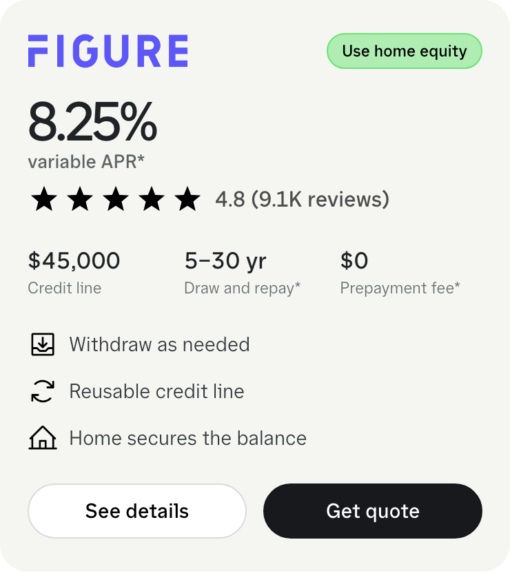 Figure home equity offer tile showing variable APR and credit line terms