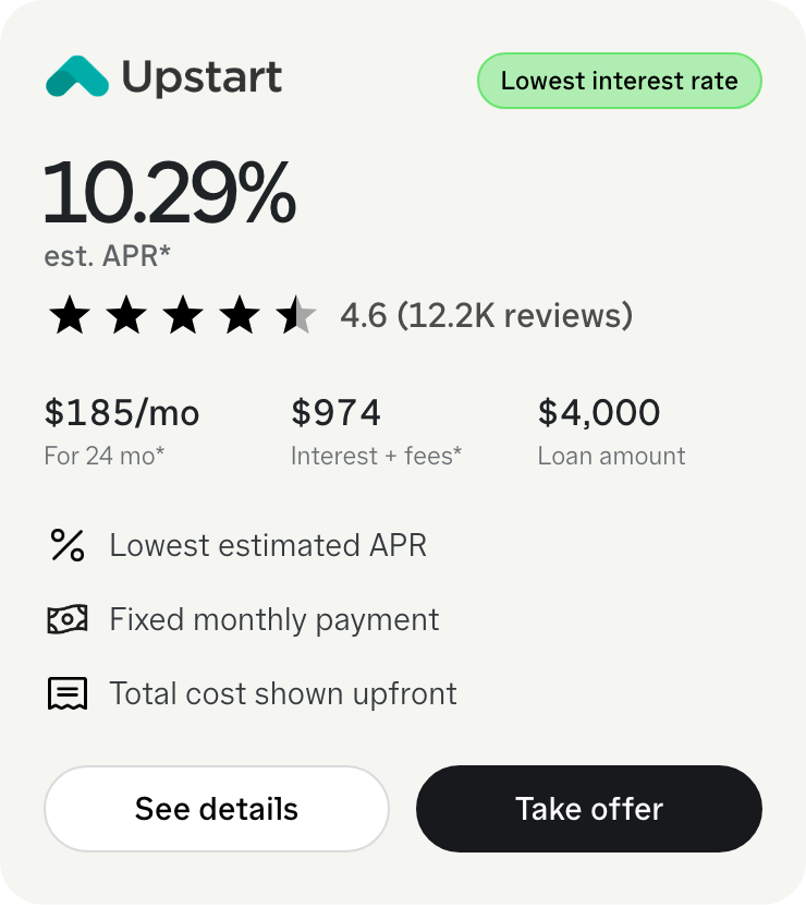 Upstart personal loan offer tile focused on the lowest interest rate