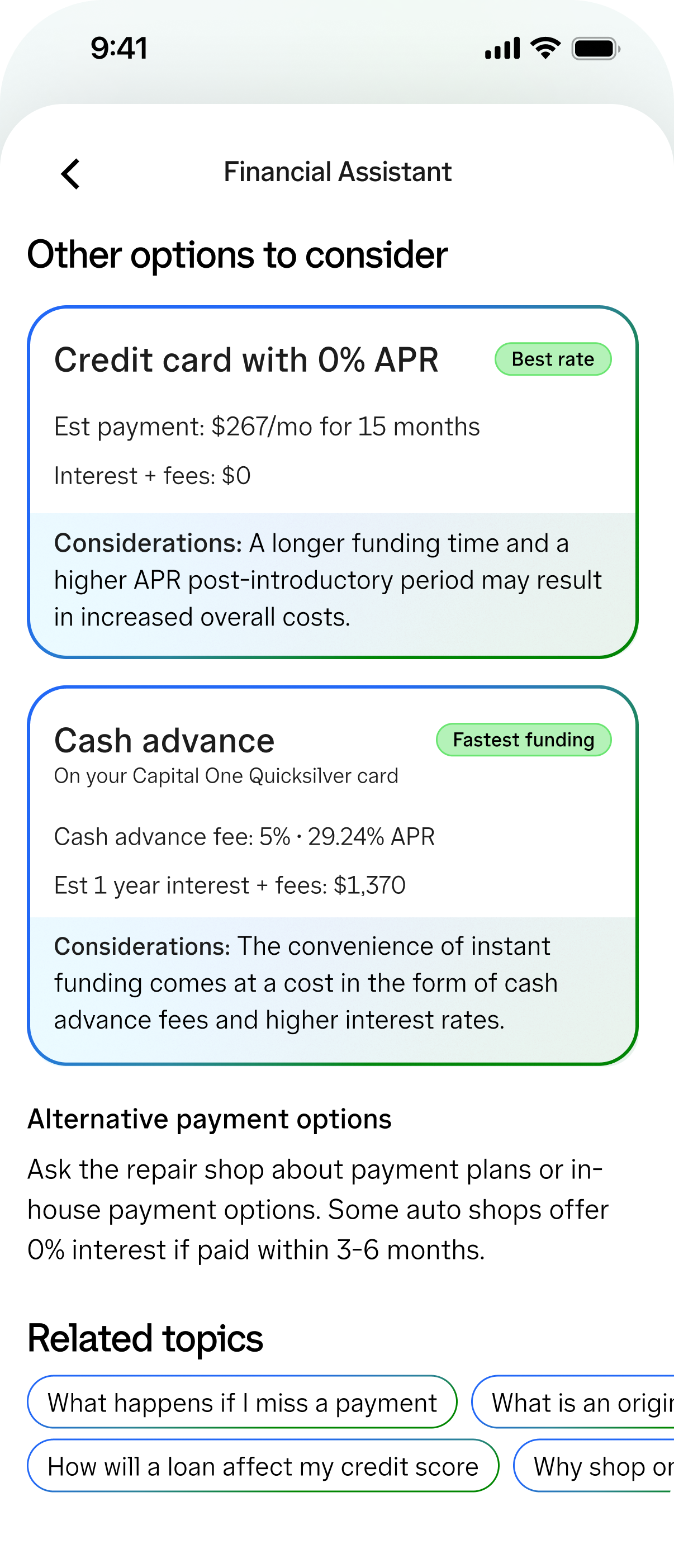 Access to Cash prototype comparing alternative ways to get money