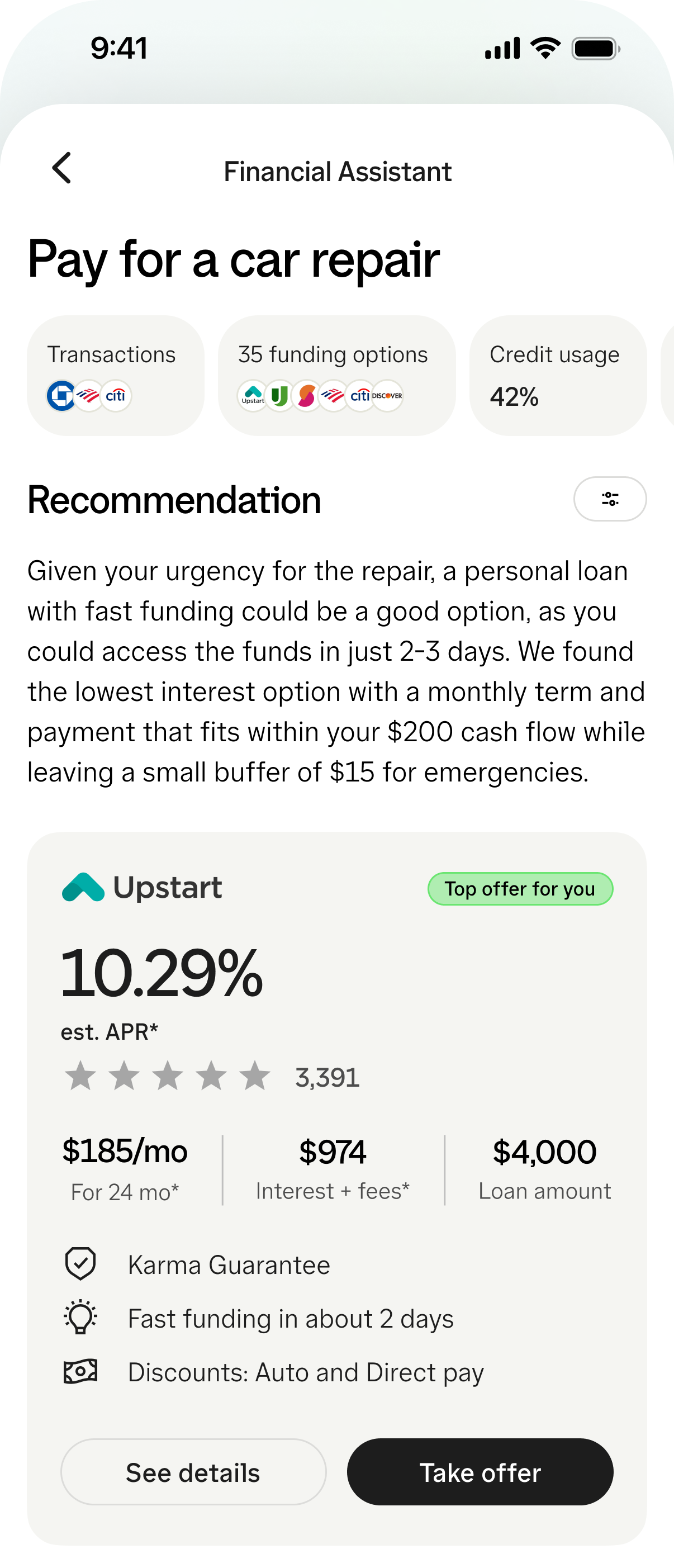 Access to Cash prototype recommending a personal loan based on the user’s financial context