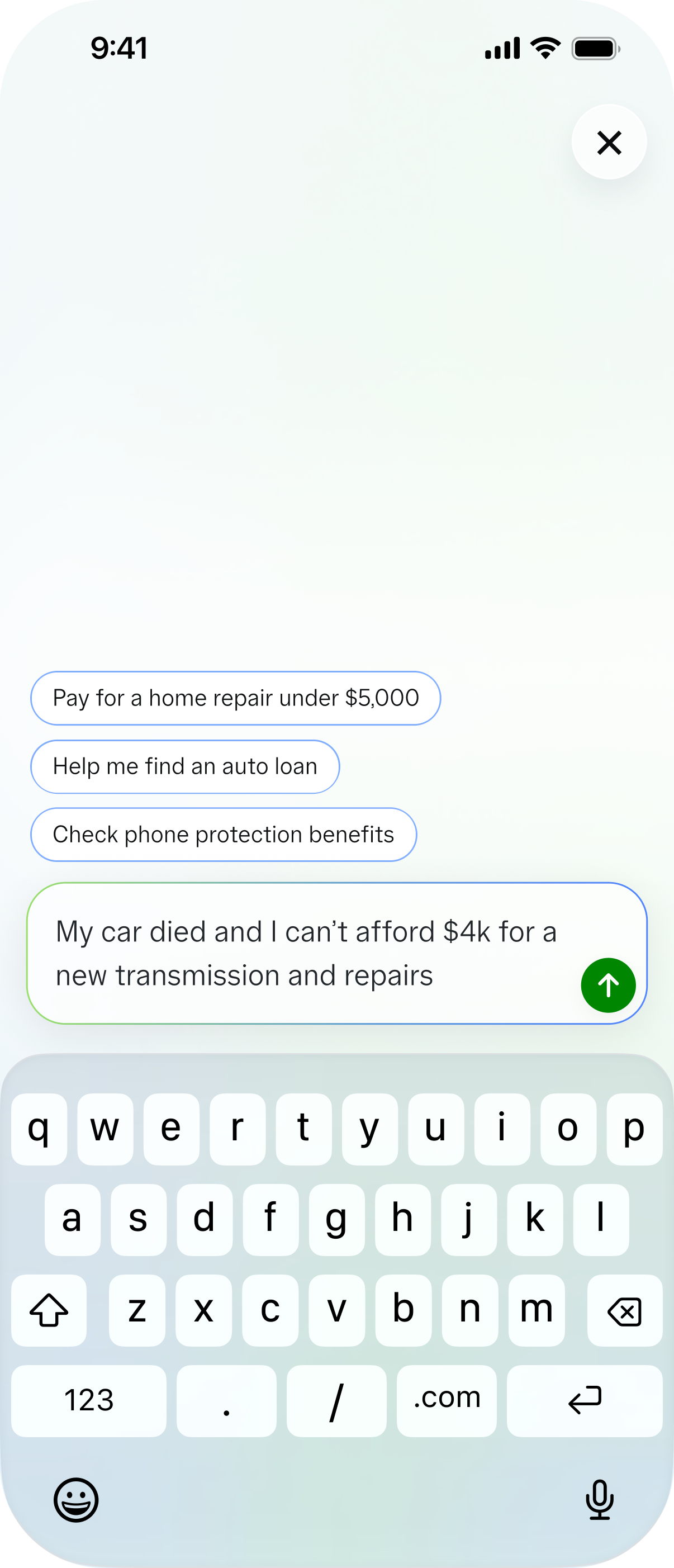 Access to Cash prototype showing a user asking for help covering a car repair