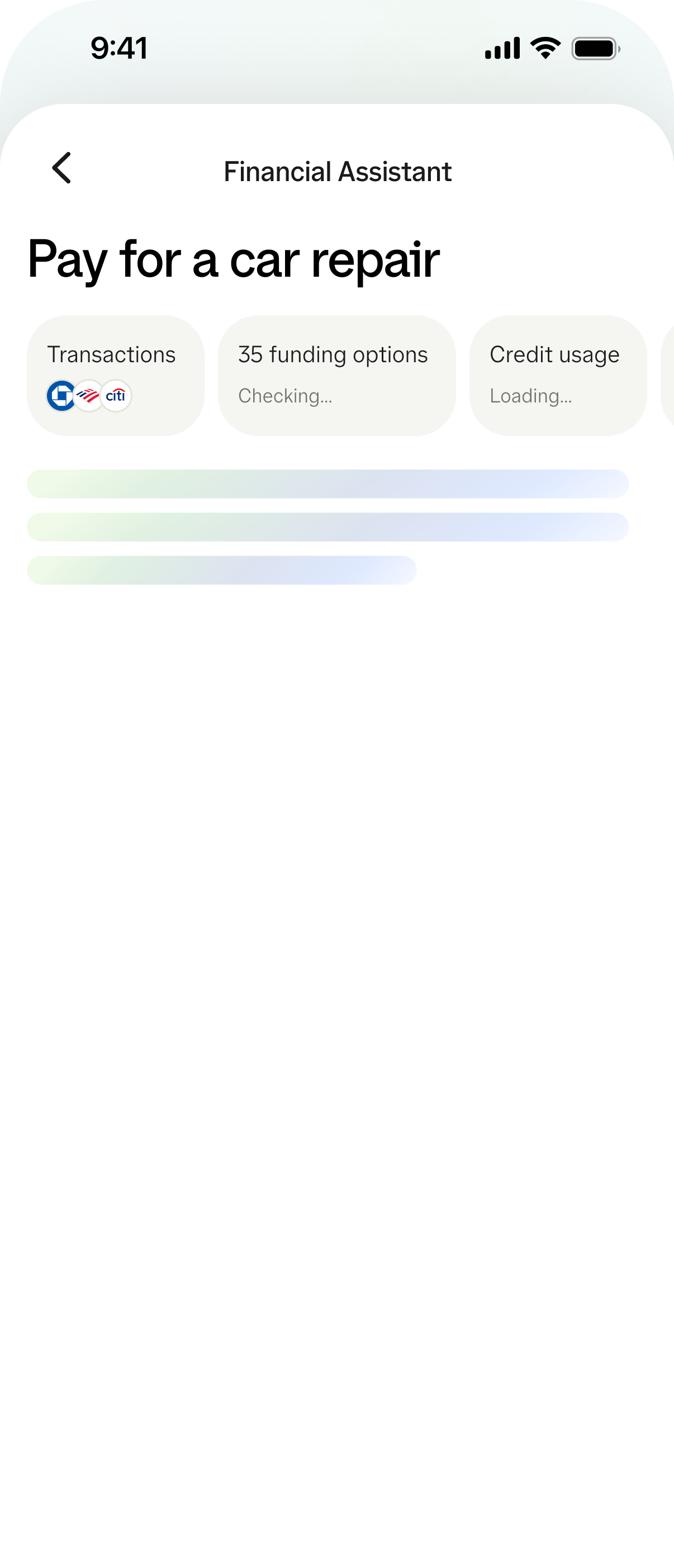 Access to Cash prototype loading financial context and funding options for a car repair recommendation