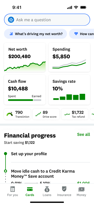 Shopping Assistant vision showing a financial home with net worth, spending, cash flow, and progress