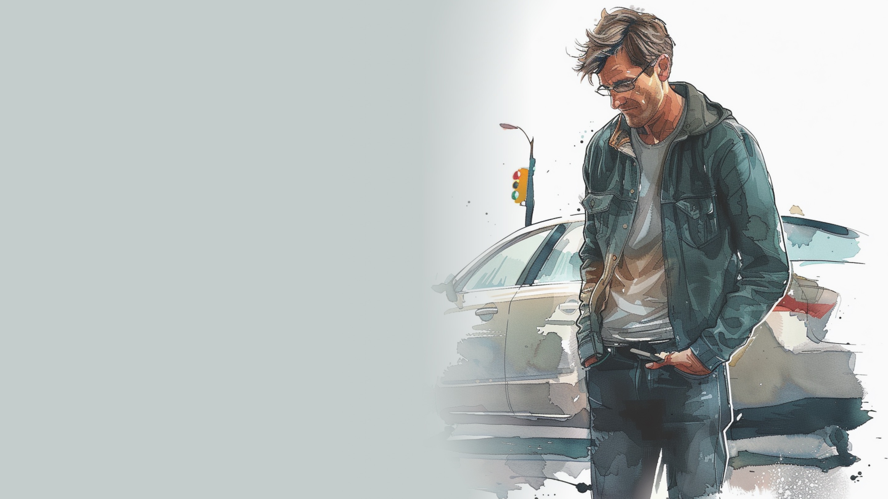 Illustrated story frame showing Tom beside his broken-down car