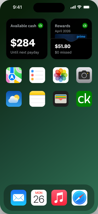 Credit Karma Available cash and Rewards widgets on an iOS home screen