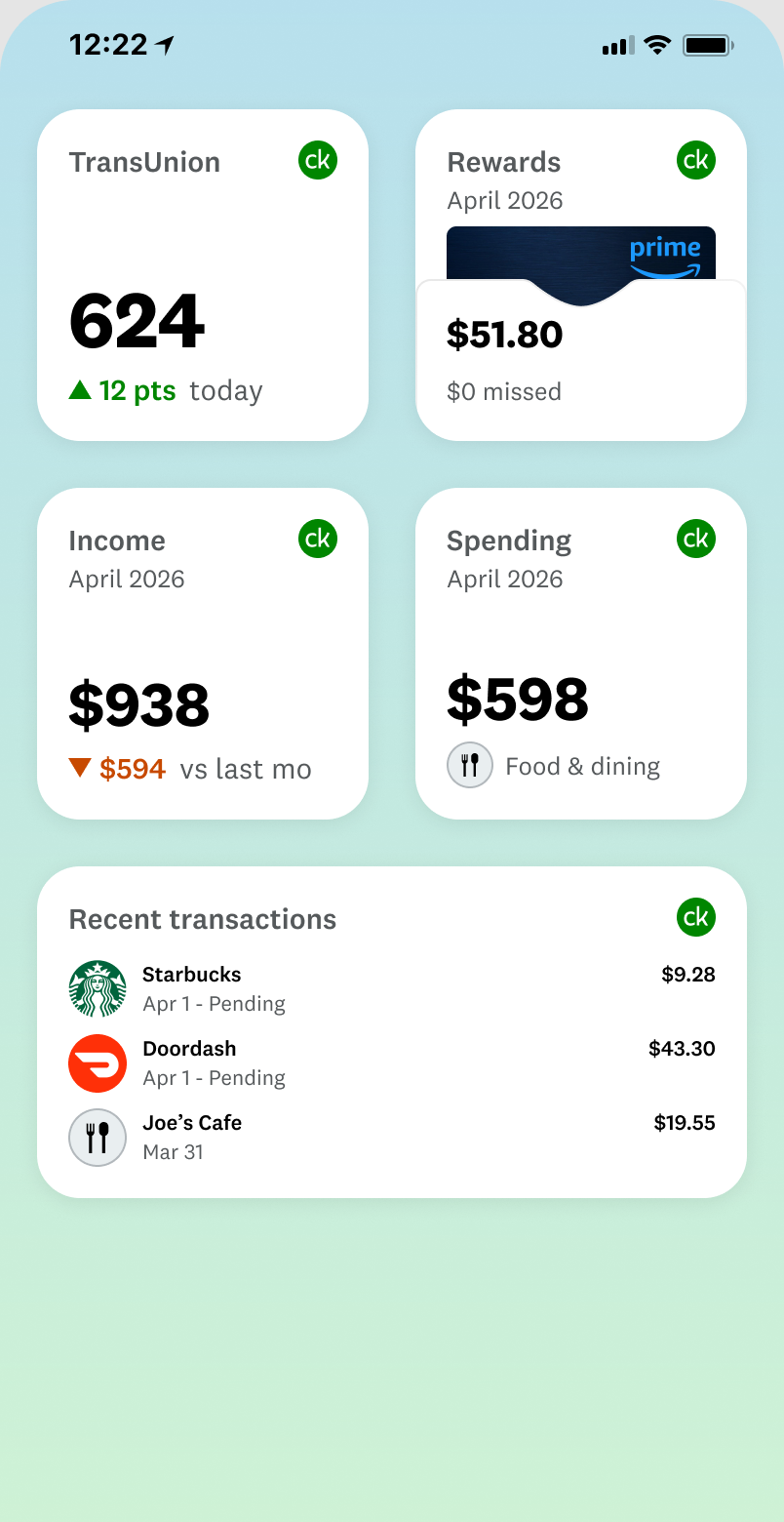 Credit, rewards, income, spending, and recent transactions widgets on an iOS home screen